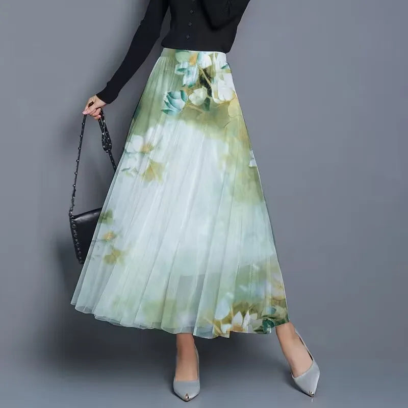 Women's Floral Printed Long Chiffon Skirt, Elastic, High Waist, A Line, Max Pleated, Summer, Fashion