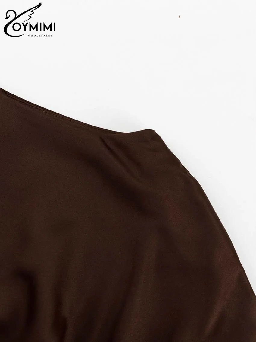 Oymimi Elegant Brown O-Neck Womens Dresses Fashion Short Sleeve Slim Solid Dresses Casual Slim Floor-Length Dress Streetwear