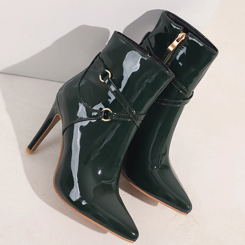 Glossy Patent Leather Pointed Toe Stiletto Ankle Boots for Women