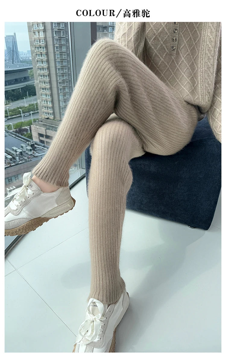 Warm Knit Elastic Waist Slim Fit Trousers for Women