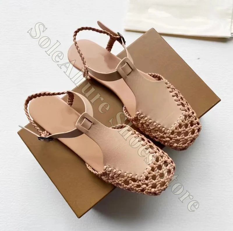 Woven Leather Closed Toe Sandals With Adjustable Buckle For Women
