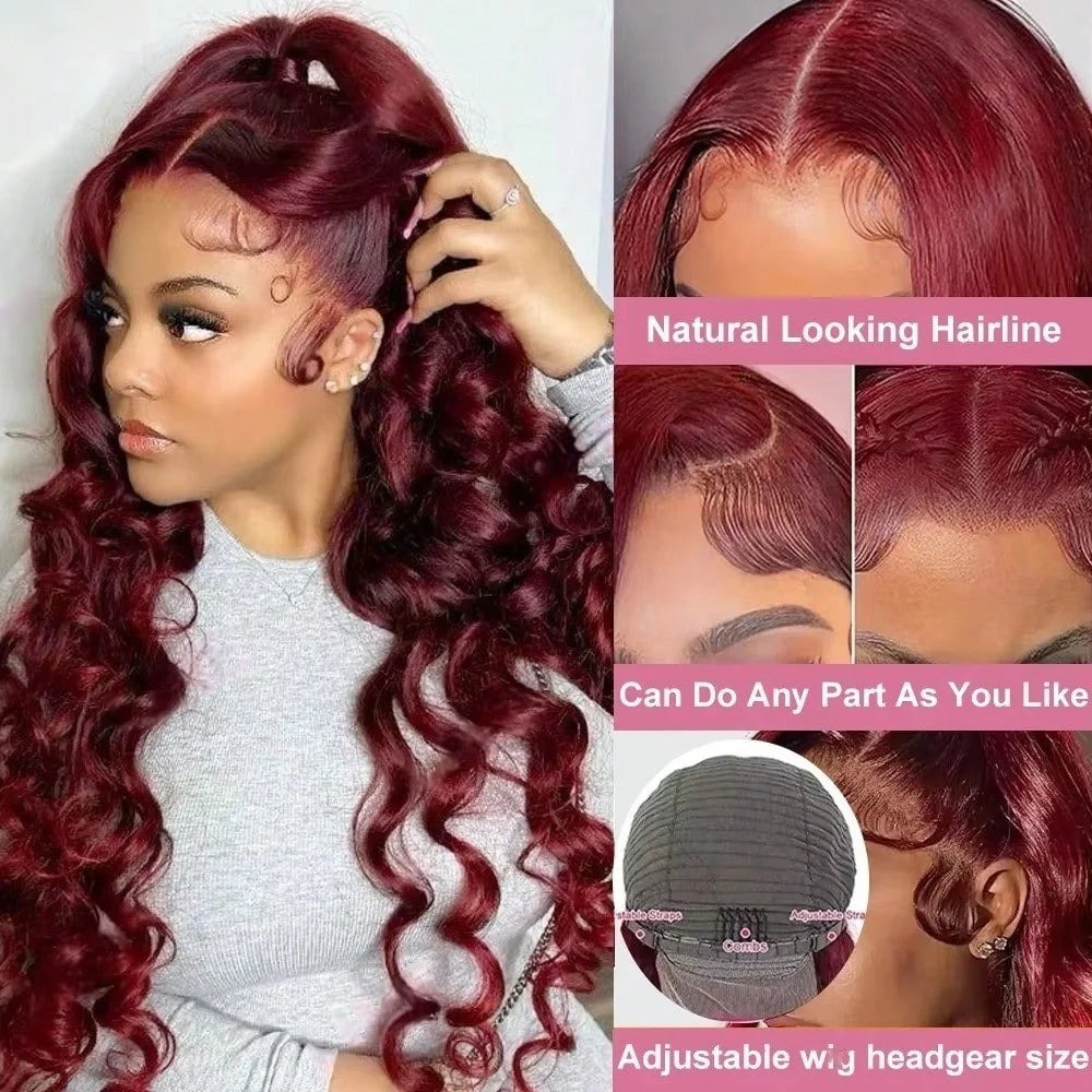 Preplucked Burgundy Deep Wave Lace Front Wig for Women