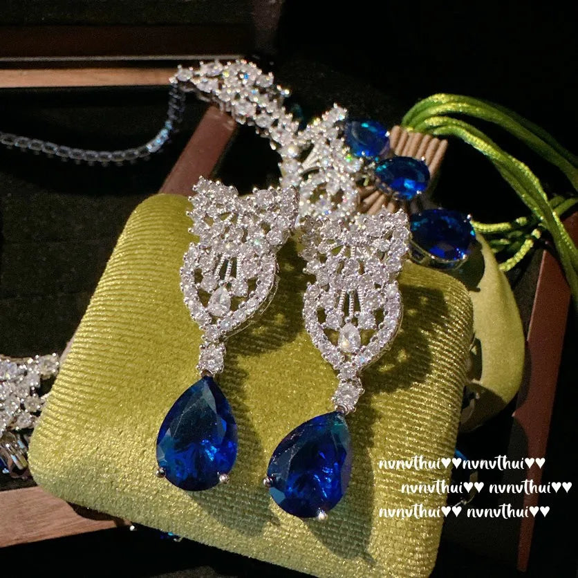 Royal Blue Teardrop Zircon Necklace and Earring Set for Women