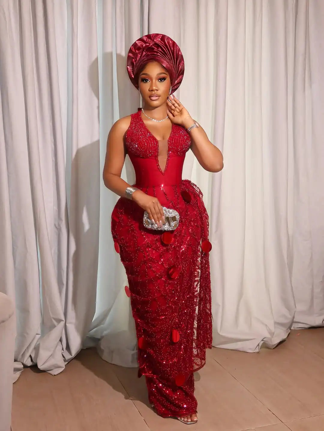 Red Beaded Lace Nigerian Gown