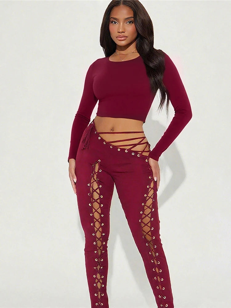 Asymmetrical Crop Top and Shirred Pants Two Piece Set for Women
