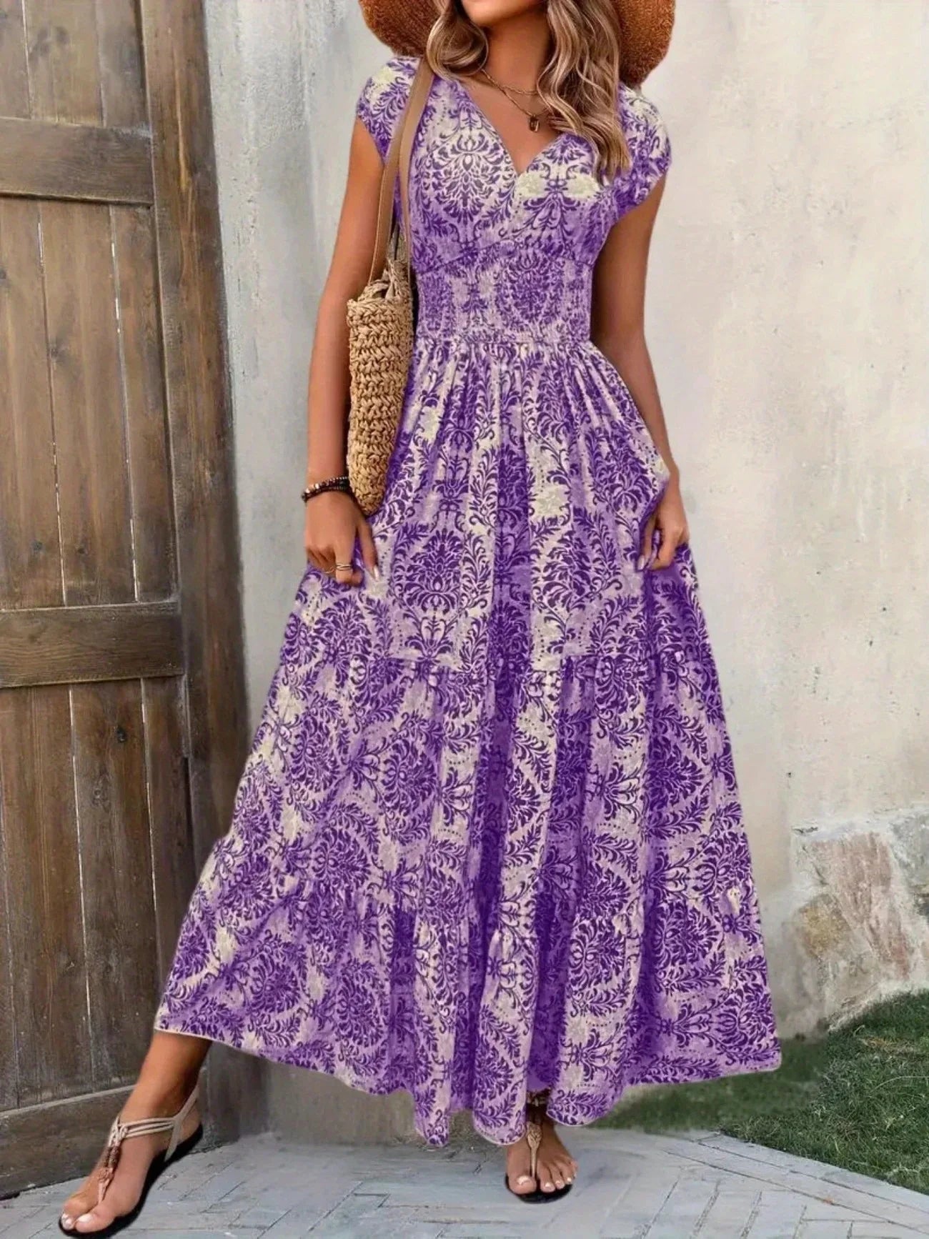 Bohemian Floral Printed V Neck Midi Dress For Women