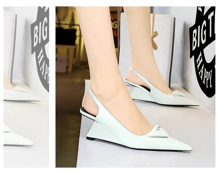 Patent Leather Wedge Heel Pumps With Back Strap for Women