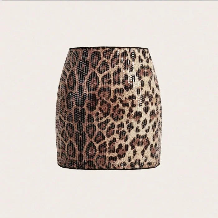 Short Dresses Woman Summer 2025 New Streetwear Fashionable and Versatile Shiny Sequin Half Skirt Leopard Print Dress Female