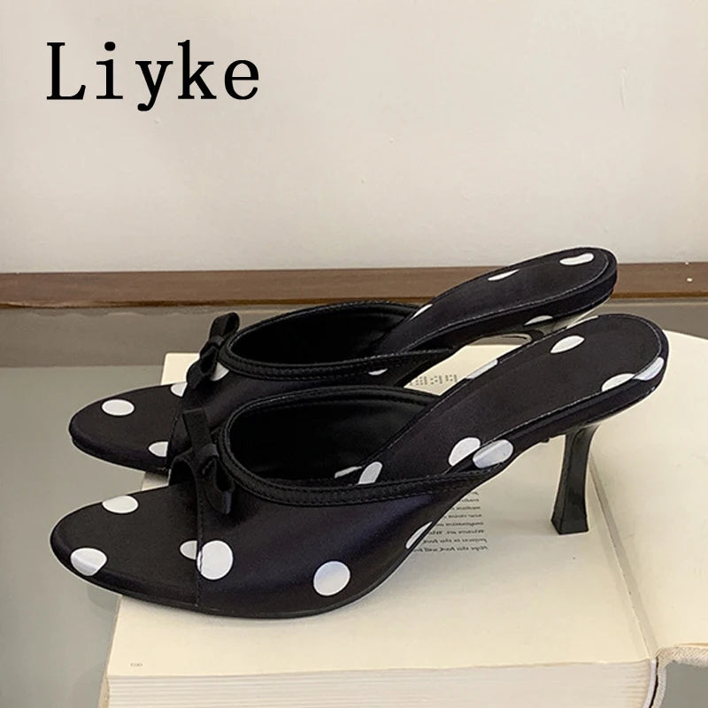 Polka Dot Silk Butterfly Knot Heeled Sandals for Women