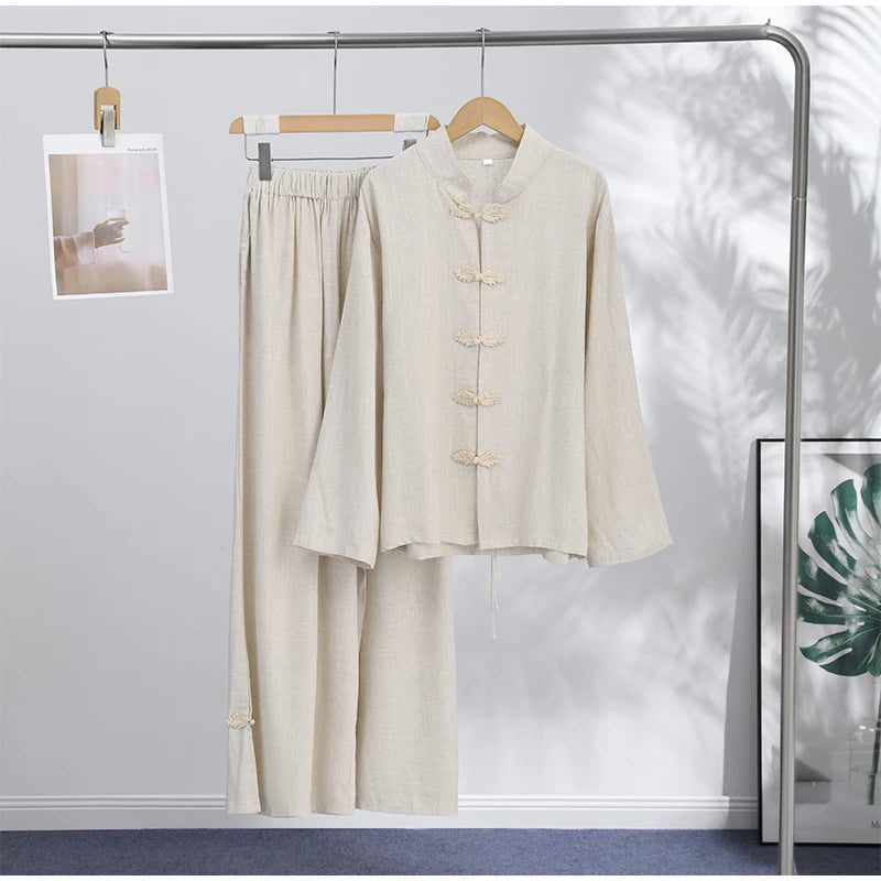 Casual Cotton Coat And Wide Leg Trouser Set for Women