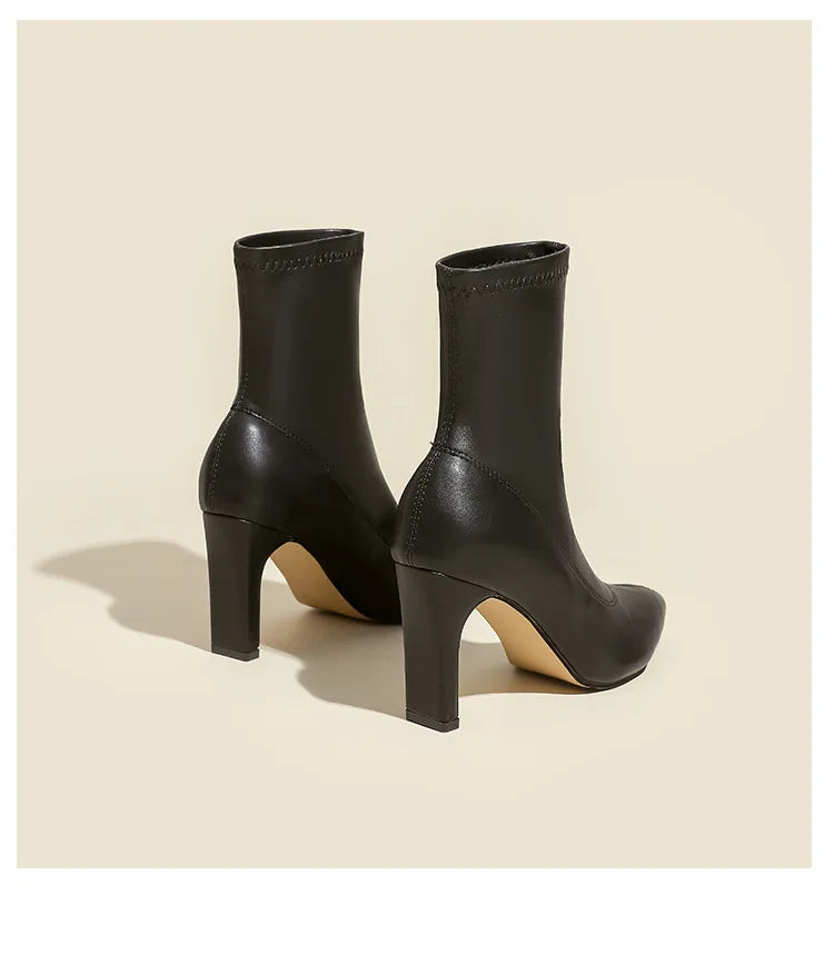 Pointed Leather High Heel Ankle Boots