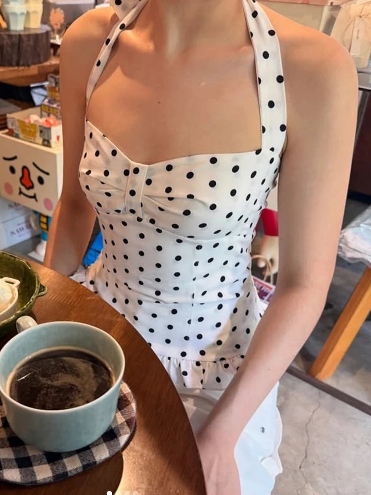 Polka Dot Halter Backless Bodycon Top With Ruffle Trim For Women