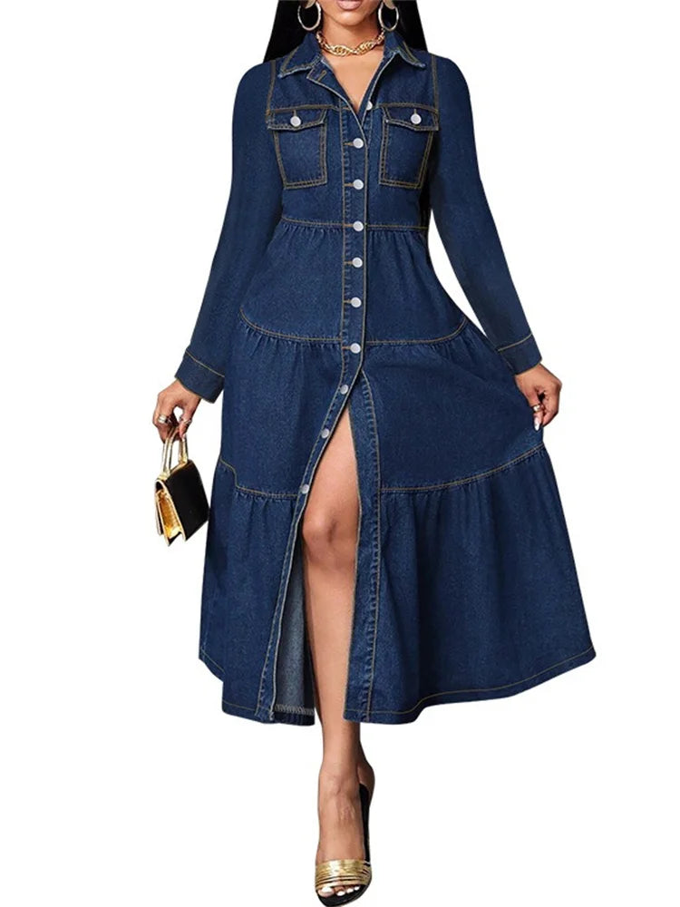 Wmstar Denim Dress Women Casual Button Cardigan Long Sleeve Dresses Fashion Streetwear New Spring Clothes Wholesale Dropshipping