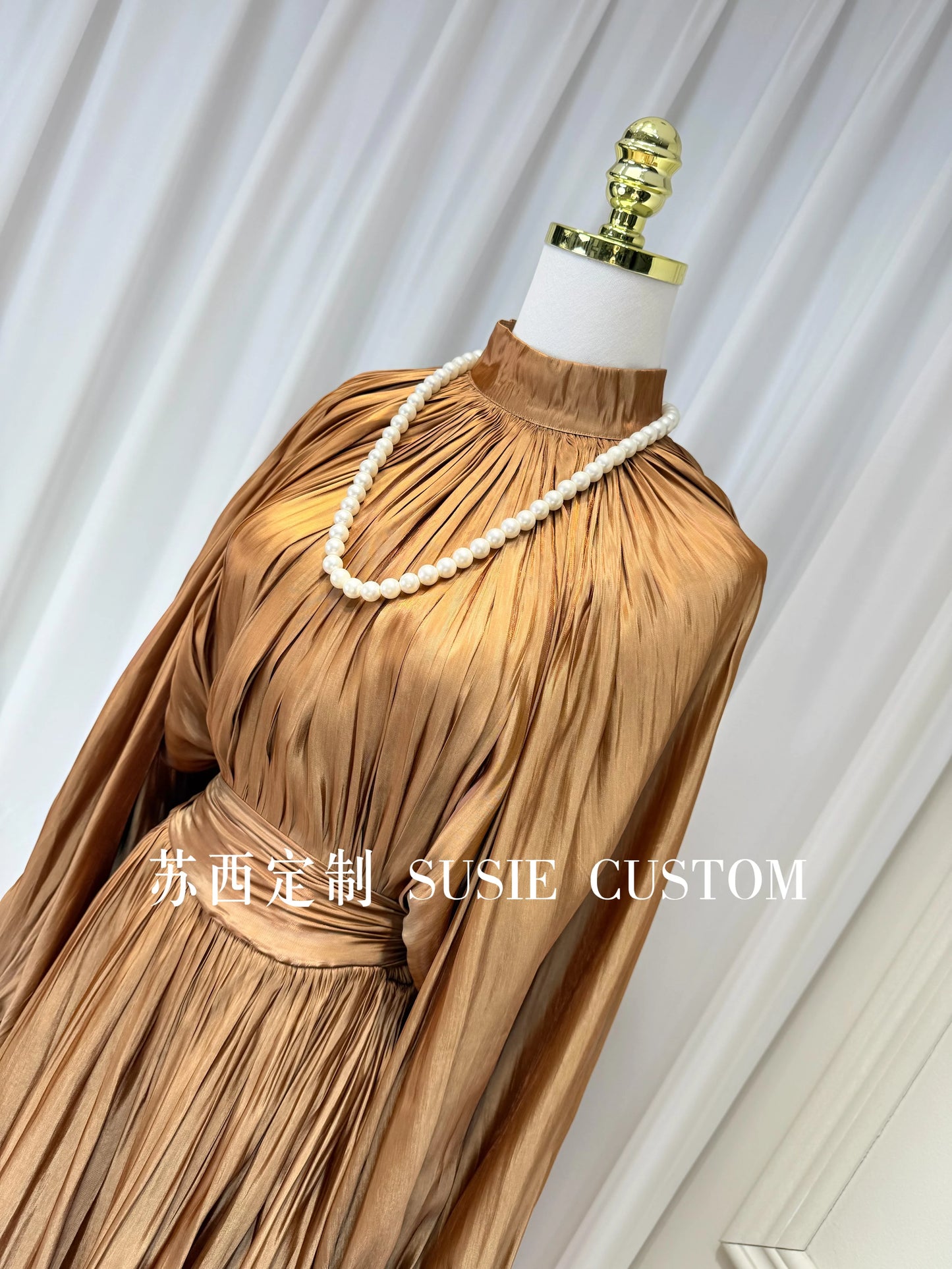 French Retro Palace Stand Collar Pleated Waist Tie Lantern Sleeves Large Swing Long Dress High Waist Elegant Vacation Dress