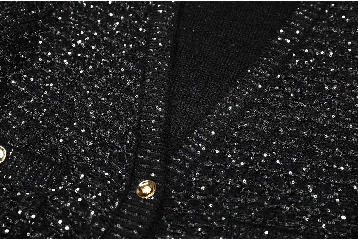 2025 Spring and Autumn New High-end Fashion Long-sleeved Sequined Knitted Cardigan Elegant Commuter V-neck Cardigan Top Jacket