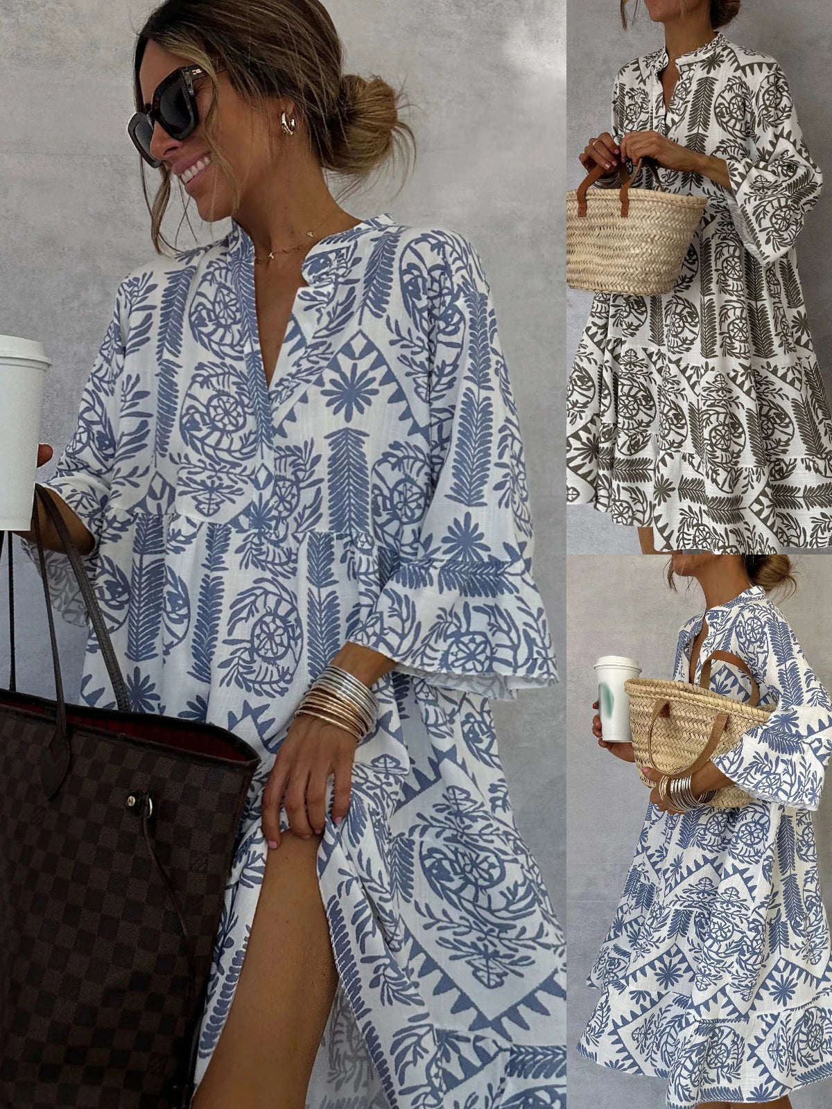 Casual Bohemian Print With V Neck Slit Dresses for Women