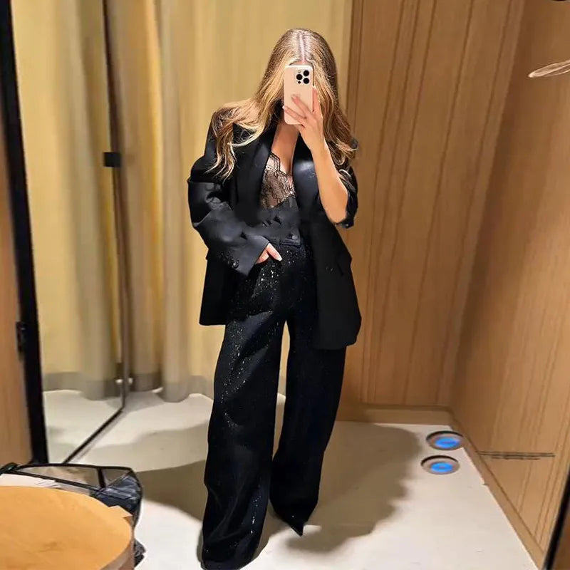 Sequined High Waist Wide Leg Pants with Pockets for Women