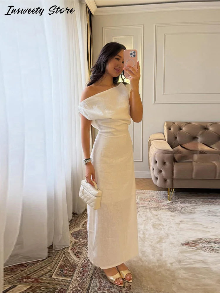 Elegant One Shoulder Side Split Ankle Length Dress for Women