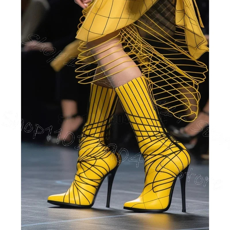 Thin High Heeled Striped Pointed Toe Boots For Women