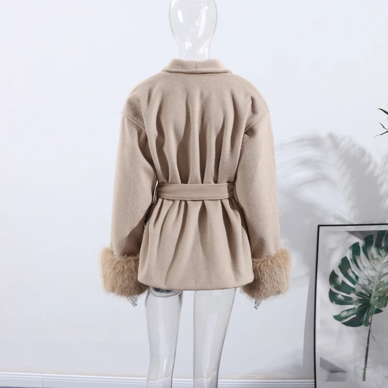 Plush Cuffs Belt Women 's Coats Elegant Lapel Faux Fur Sleeve Twist Open Coat Female 2025 Autumn Winter Fashion Lady Streetwears