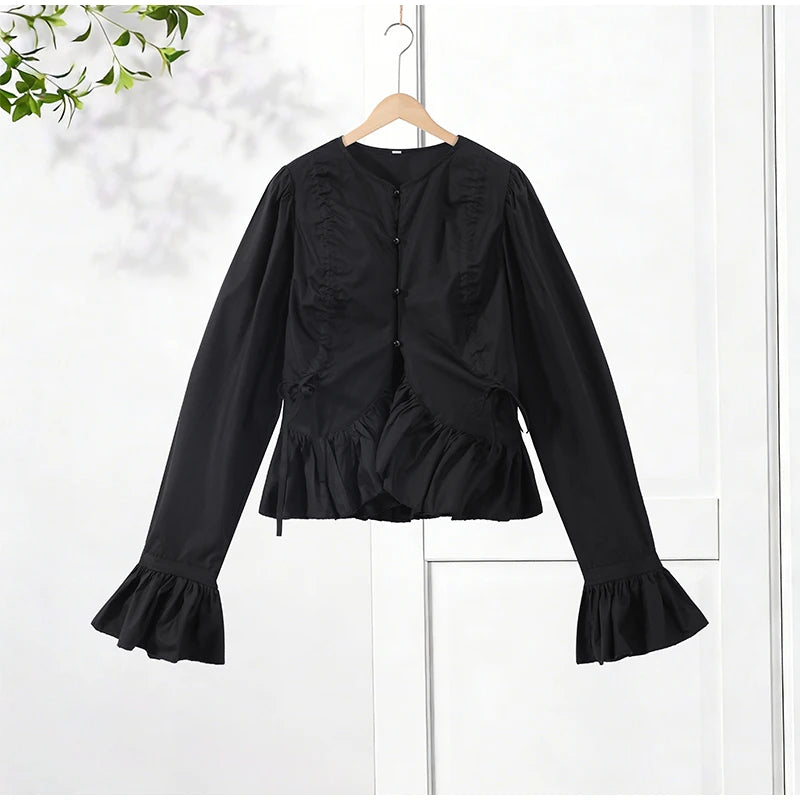 Chic Solid Ruffle Pleated Puff Sleeve Shirt for Women