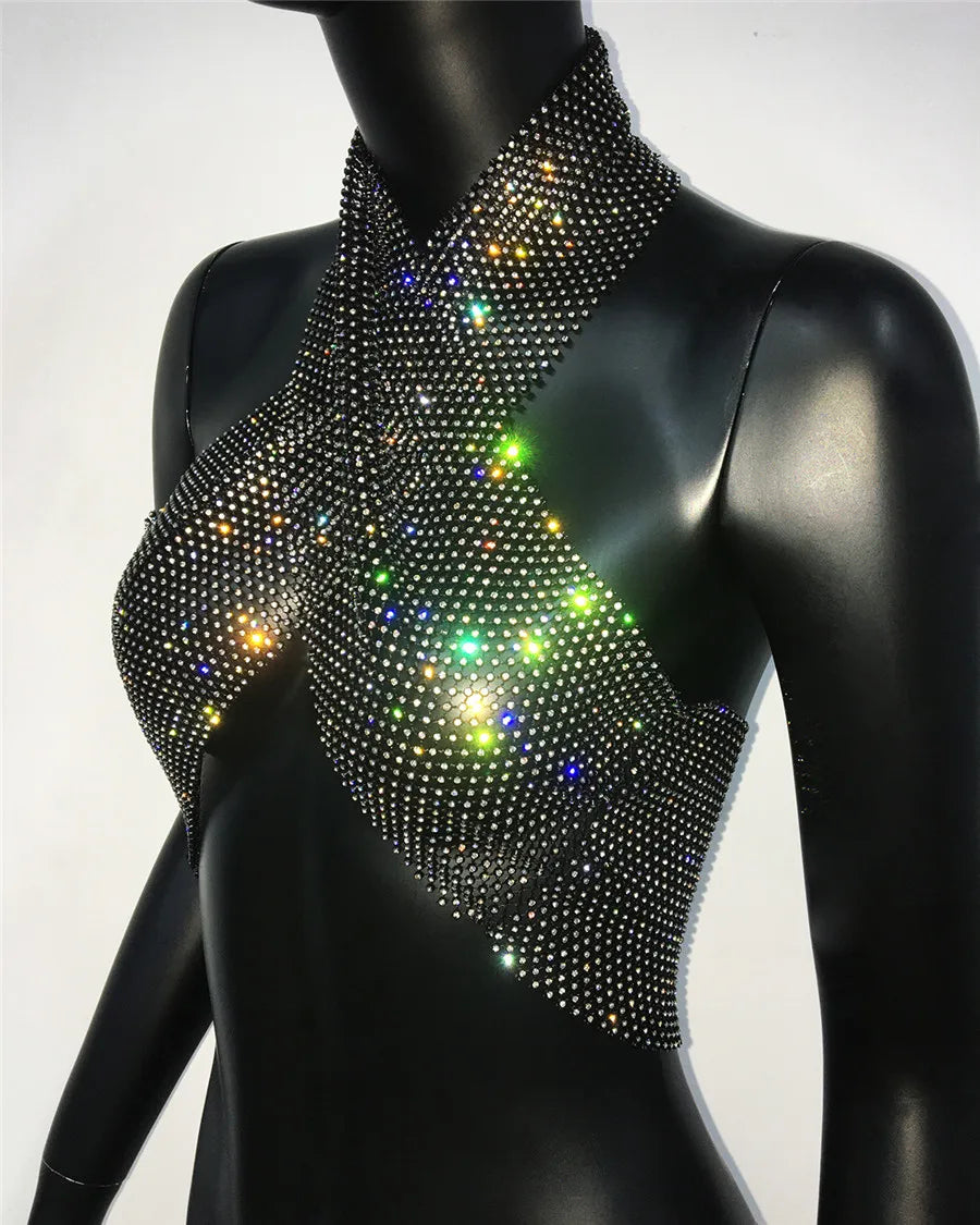 Rhinestone Fishnet Backless Halter Crop Top for Women