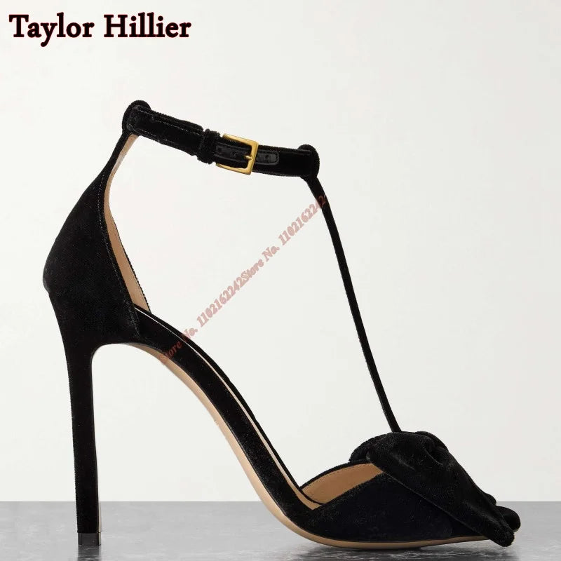 Velvet Bowknot Stiletto Sandals with Ankle Strap for Women