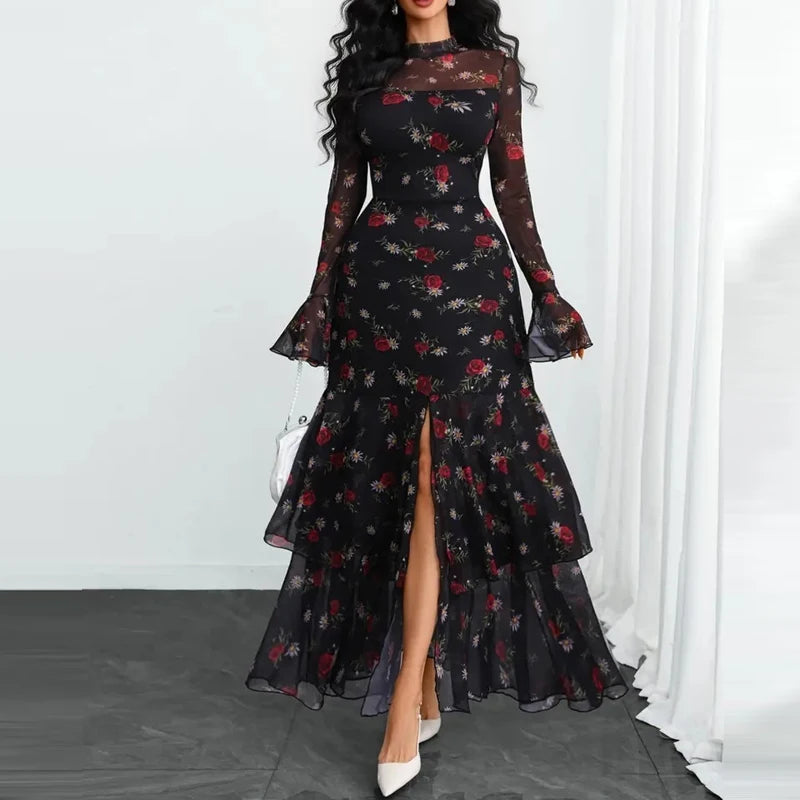 Pleated Polka Dot Ruffle Sleeve Maxi Dress for Women