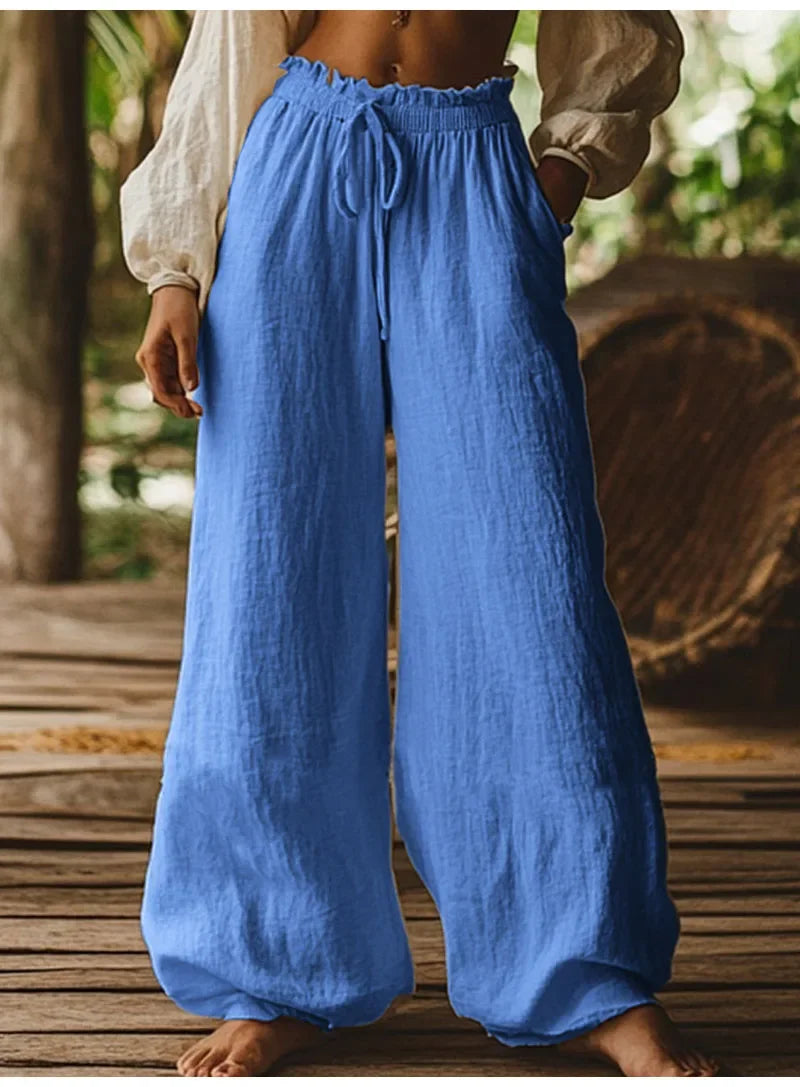 Women's Cotton and Linen Casual Loose Wide Leg Pants Autumn Retro Elastic Waist Drawstring Tied Pocket Pants Ethnic Vacation