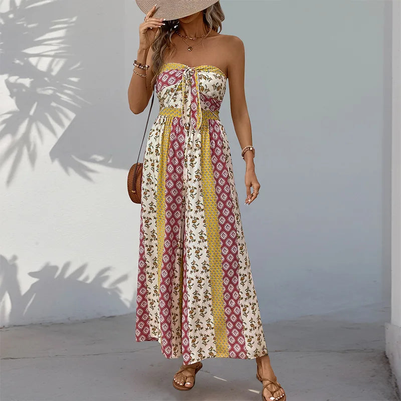 Printed Strapless Tube Top Tie Front Jumpsuit for Women