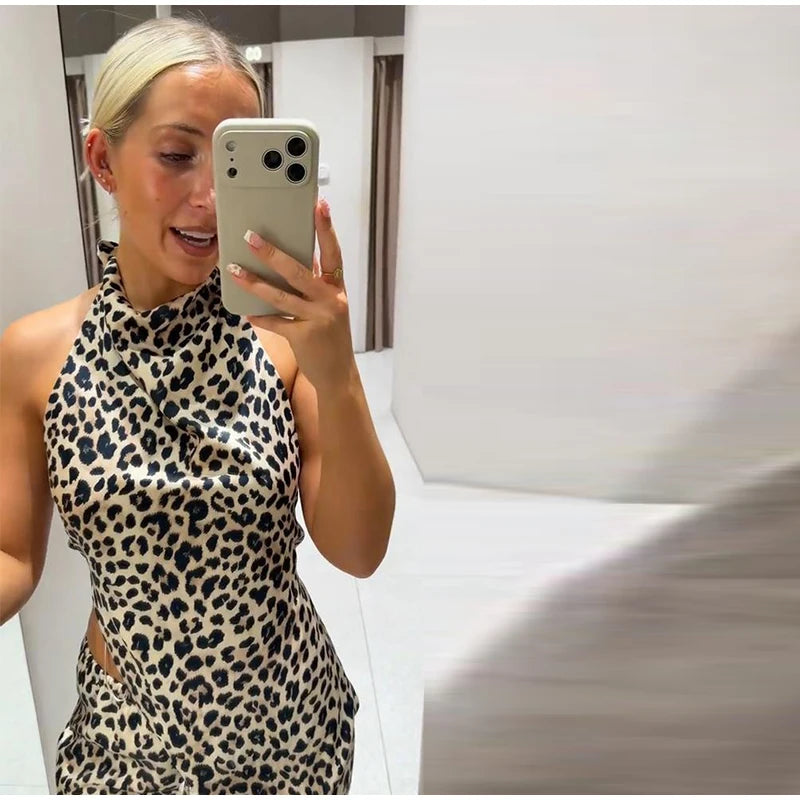 Leopard Print Halter Neck Top And High Waist Flare Pants Set For Women