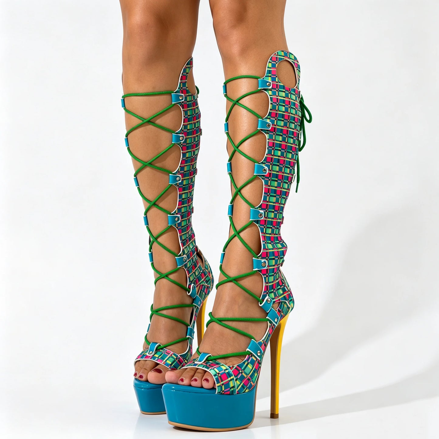 Hot Pink Tartan Corset Lace-Up Platform Thigh High Boots for Women