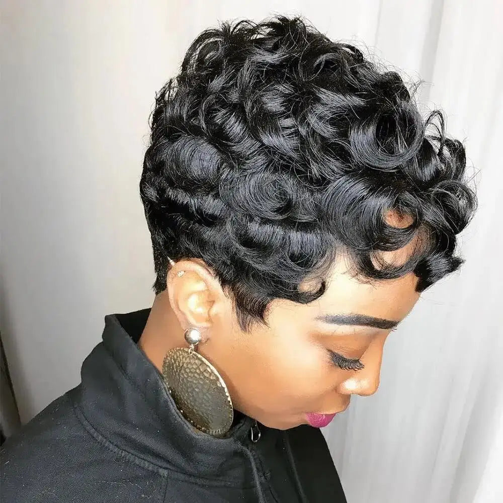 Synthetic Hair Natural Wavy Short Pixie Black Wig for Women