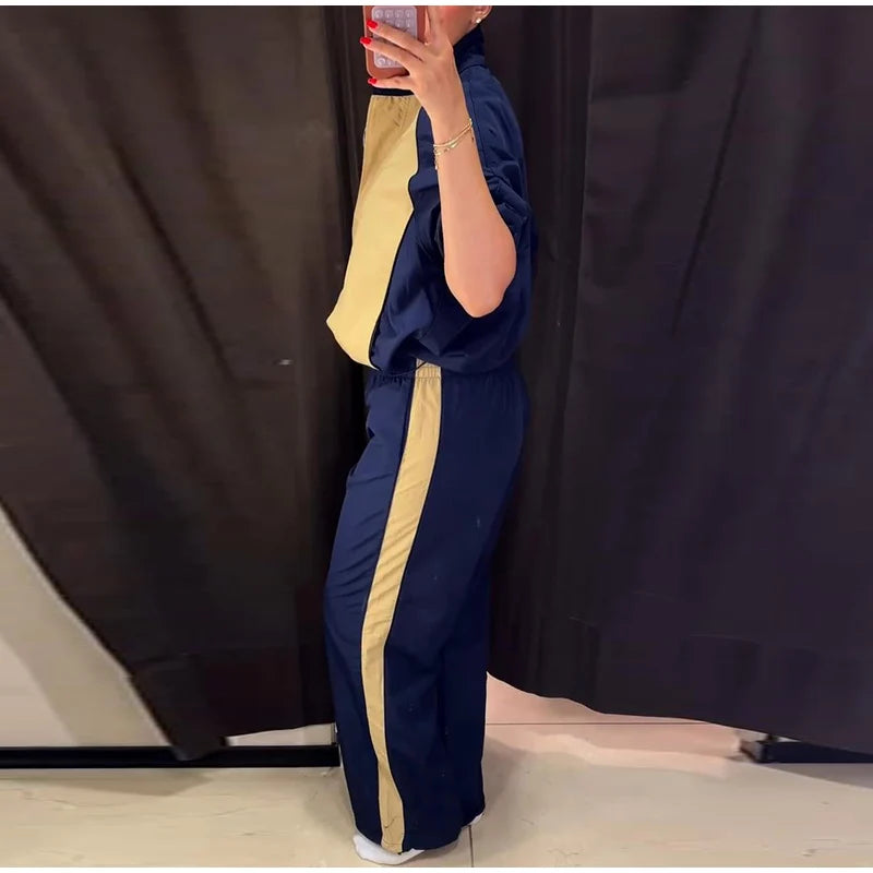 Color Block Two Piece Tracksuit With Cropped Jacket for Women
