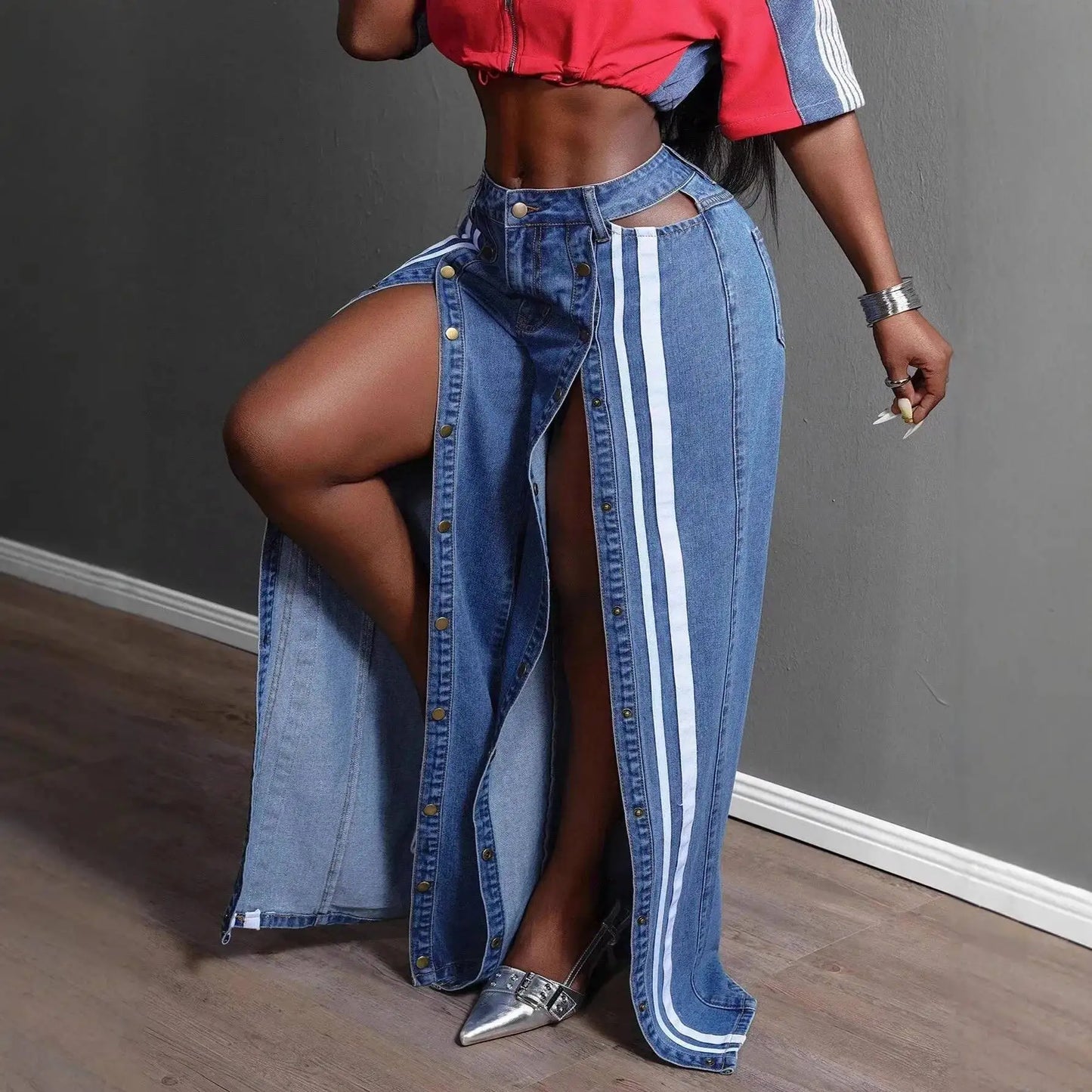 ANJY Spring Autumn New Women Streetwear Fashion Buttons Slit Striped Color Block Jeans Stylish Loose Wide-Leg Denim Pants A23331