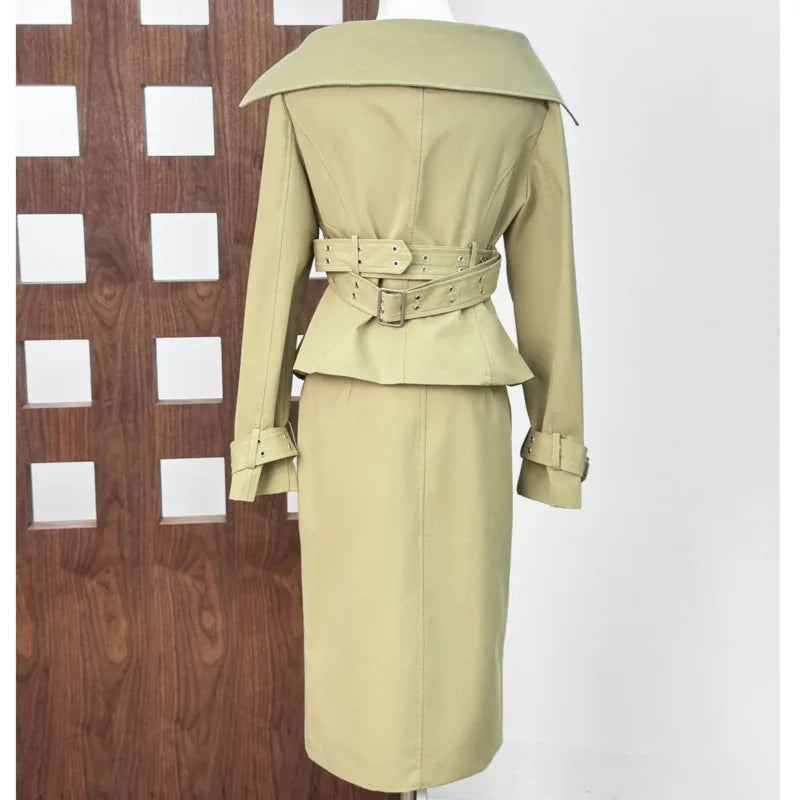 KUCLUT Fashion Elegant Versatile Large Lapel Waist Double-Breasted Short Trench Coat For Women Wrapped Hip Skirts Female 1A800