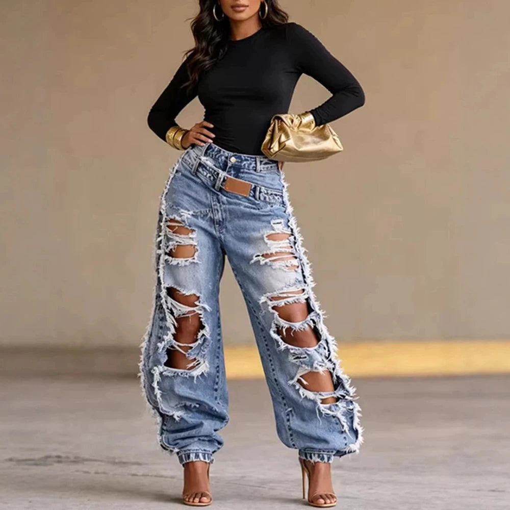 Heavy Ripped Wide Leg Distressed Denim Jeans for Women