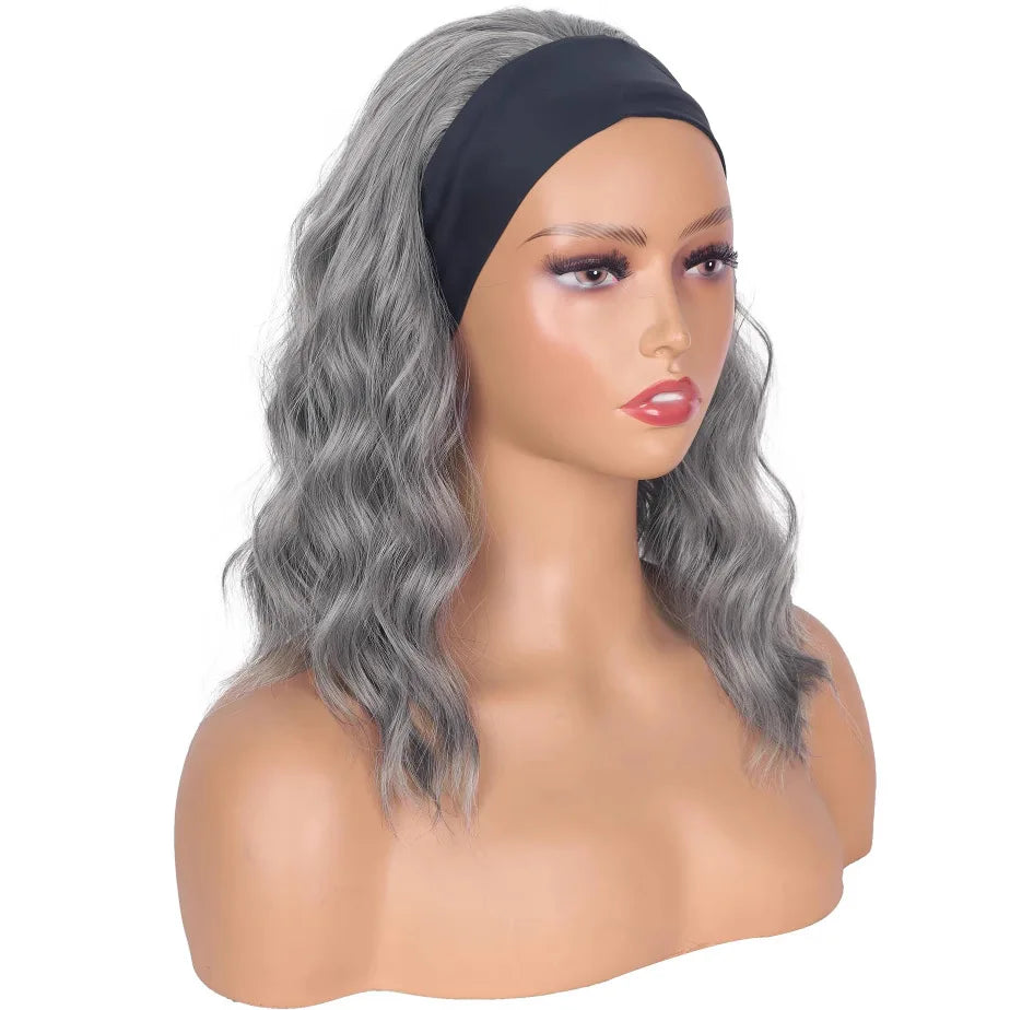 Elegant Gray Short Wavy Synthetic Headband Wig For Women