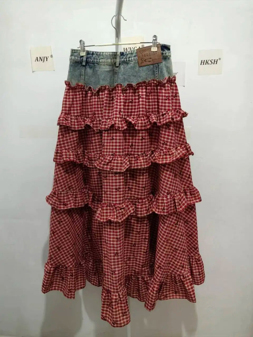 ANJY Spring Summer New Women Fashion Vintage Plaid Patchwork Denim Multi-layered Skirt Sweet Drawstring Short Sleeve Tops A24530