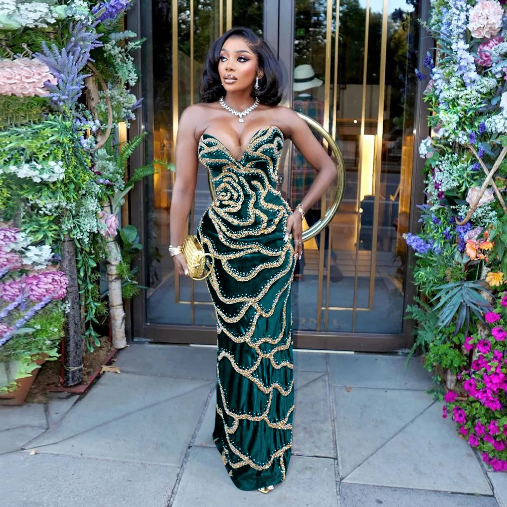 Sweetheart Strapless Deep V Velvet Rhinestone Rose Pattern Maxi Dress for Women