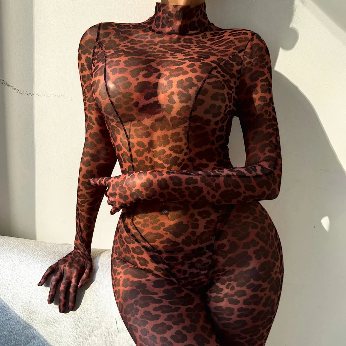 Slim Fit Leopard Print Long Sleeve Two Piece Set for Women