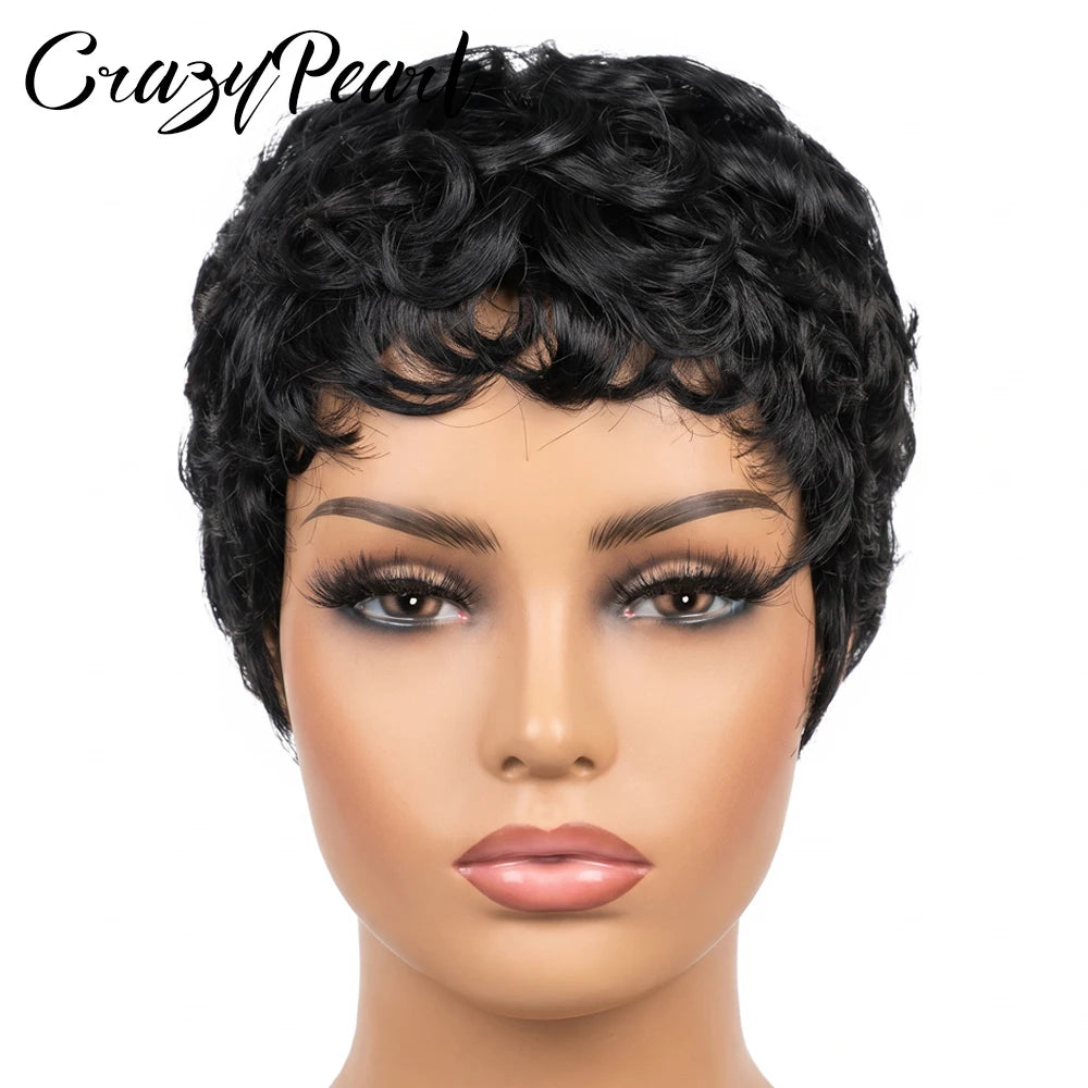 Glueless Short Curly Pixie Cut Human Hair Wig for Women