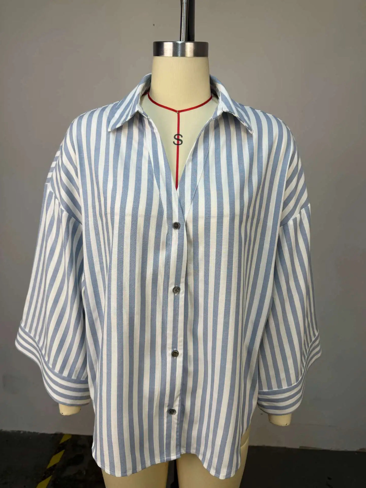 Striped Long Sleeve Turn Down Collar Blouse Shirt for Women