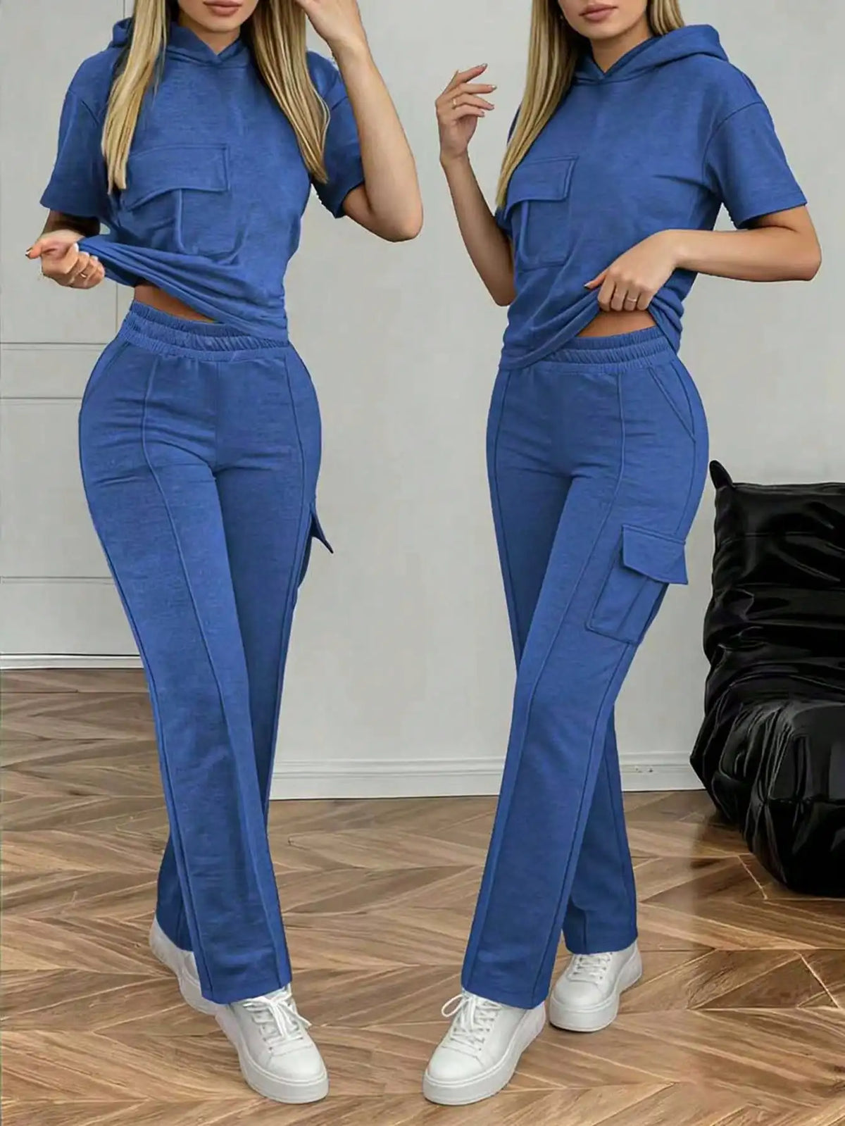 Summer Women's Suit New Style Casual Comfortable Solid Color Hooded Short-Sleeve Top with Versatile Elastic Waist Pocket Straight-Leg Pants Women's Two-Piece Set