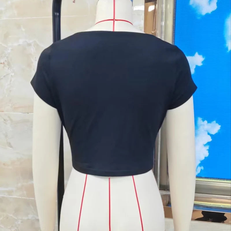 Twist Front Deep V Neck Slim Crop Top for Women Casual Streetwear