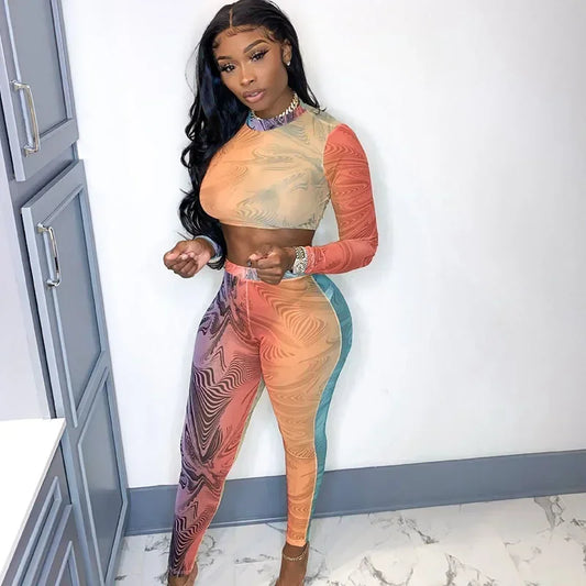 Printing 2 Piece Outfit Set Women Clothing Sportwear Fitness Skinny Long Sleeve Top and Pants Leggings Matching Sets Tracksuit