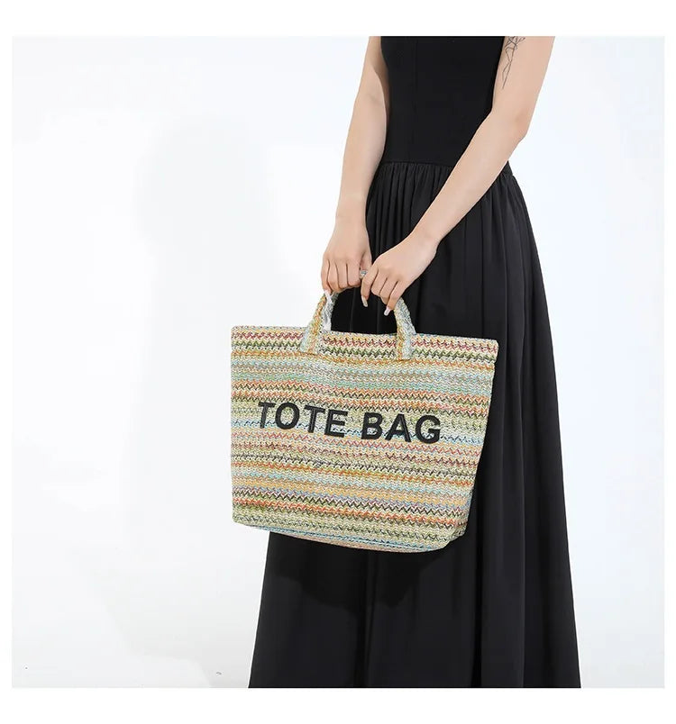 New straw woven bag, large capacity tote bag, crossbody striped letter contrasting beach bag