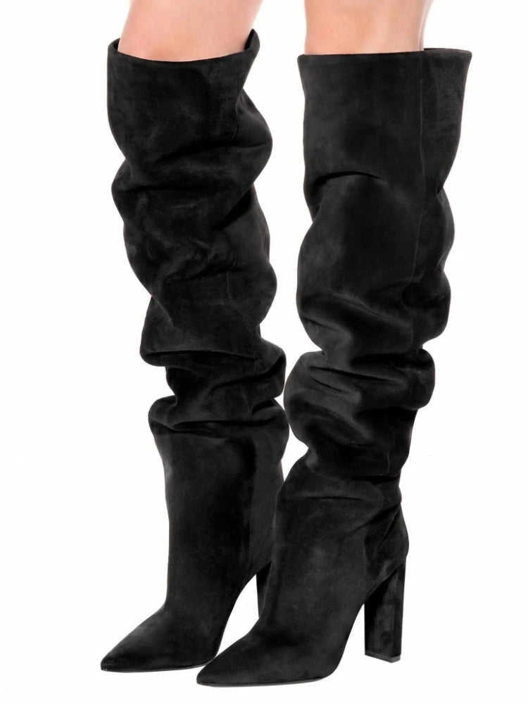 Beige Square Heel Slip-On Over-the-Knee Boots for Women