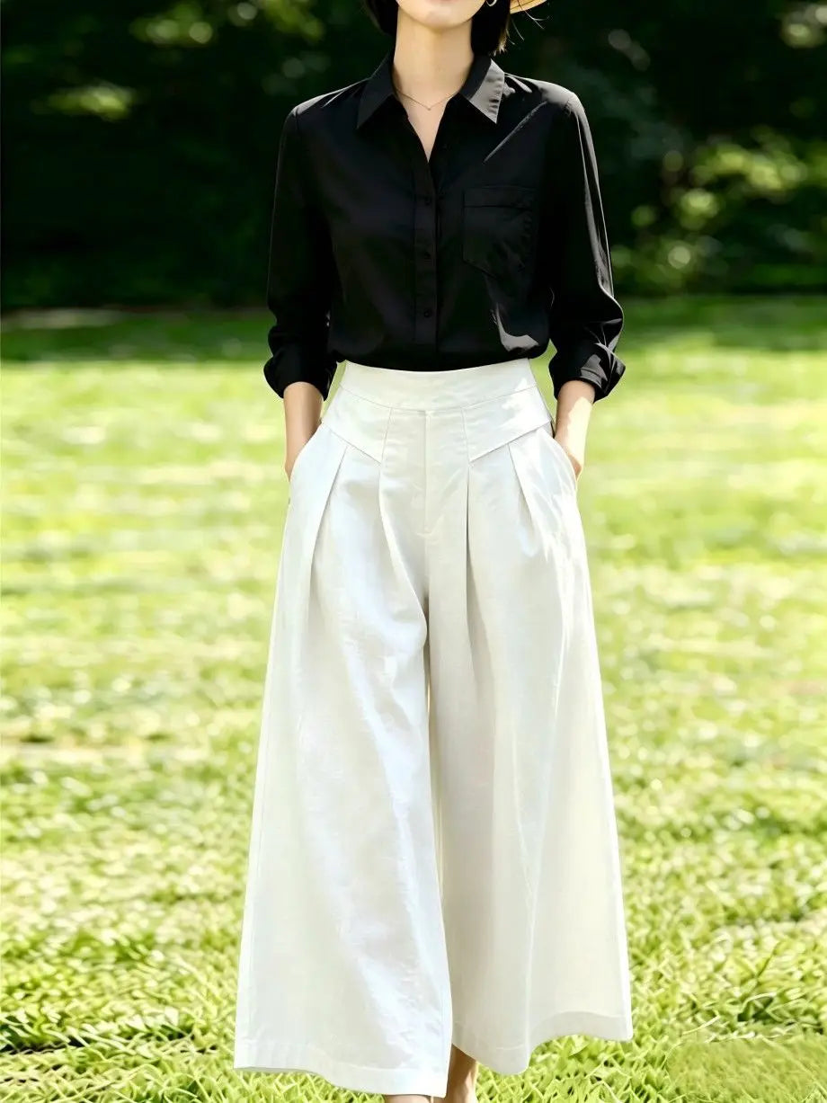 High-Waisted Cotton Linen Wide-Leg Culottes for Women