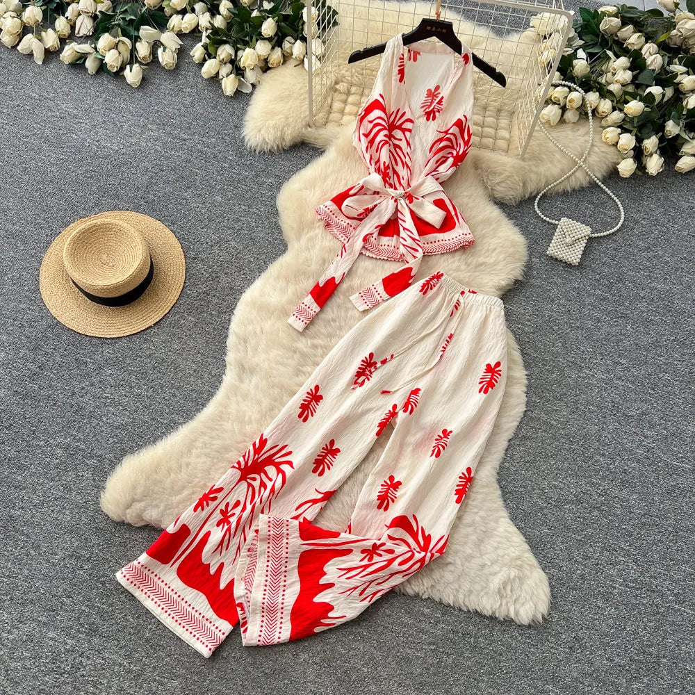 Boho Print Lace-Up Tank Top and Wide-Leg Pants Set for Women